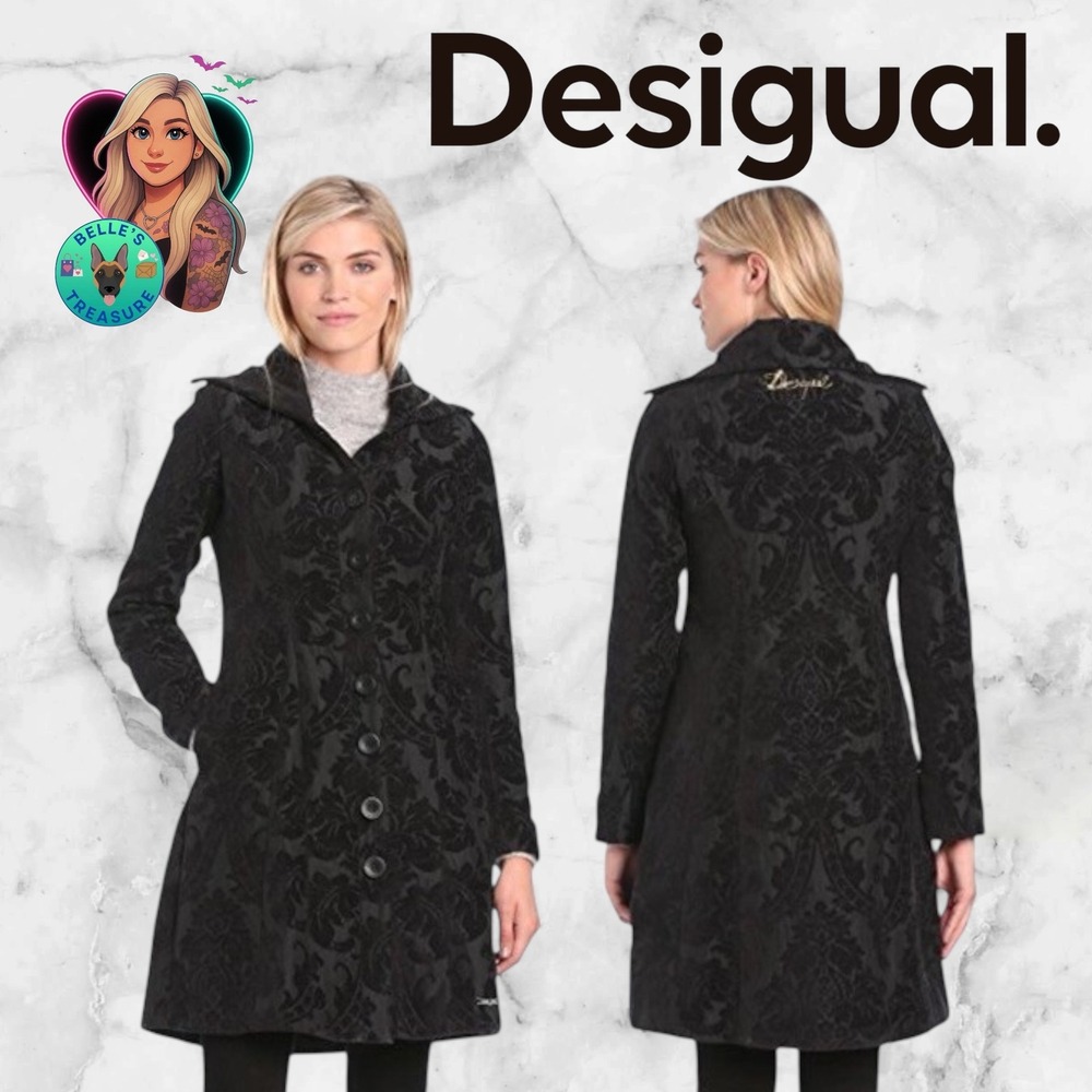 Desigual Black Damask Brocade Longline Coat‎ Audry Kytzia Womens XS 36 EU Luxury
